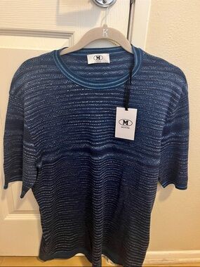 Missoni Men's Navy and Light Blue Striped Knit Crew Neck Tee